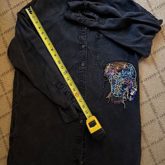 Zara Basic Black Denim Shirt Dress with embellished face detail on front S - Picture 7 of 9